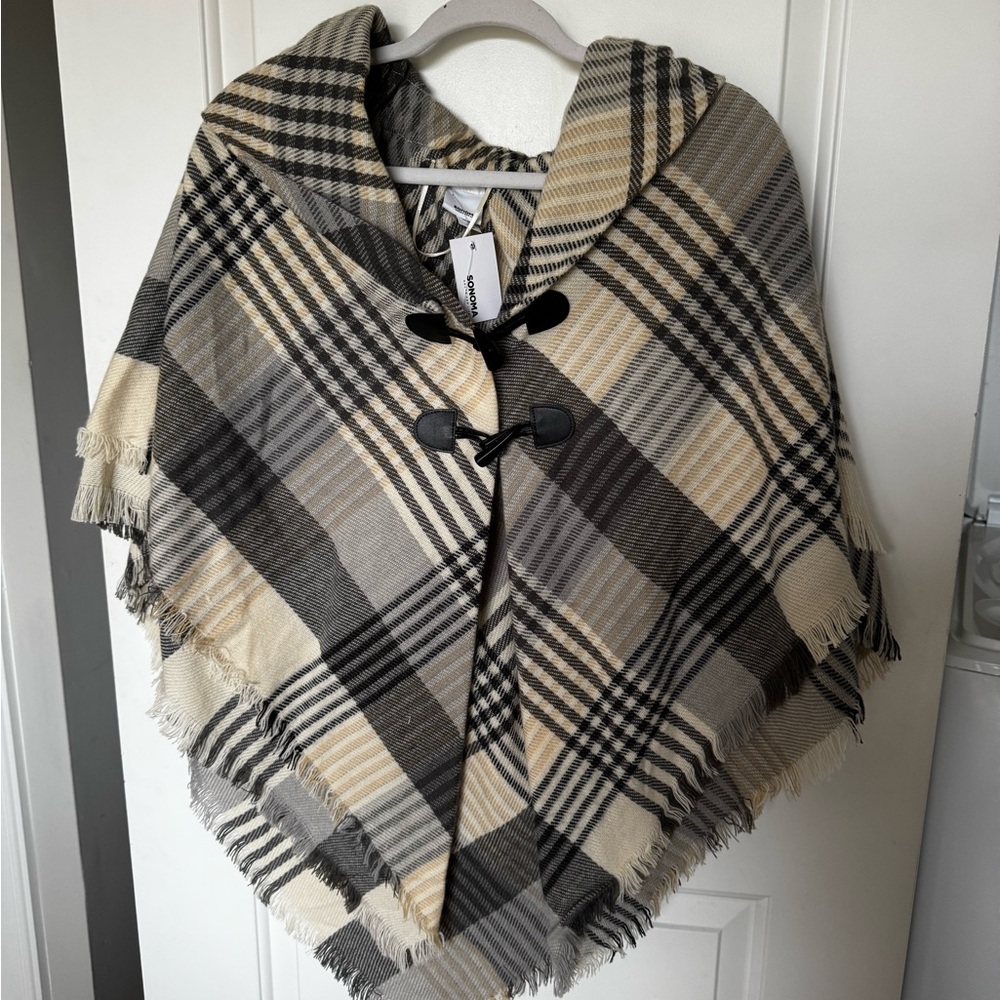 Sonoma Plaid Toggle Poncho in Cream, Gray & Black